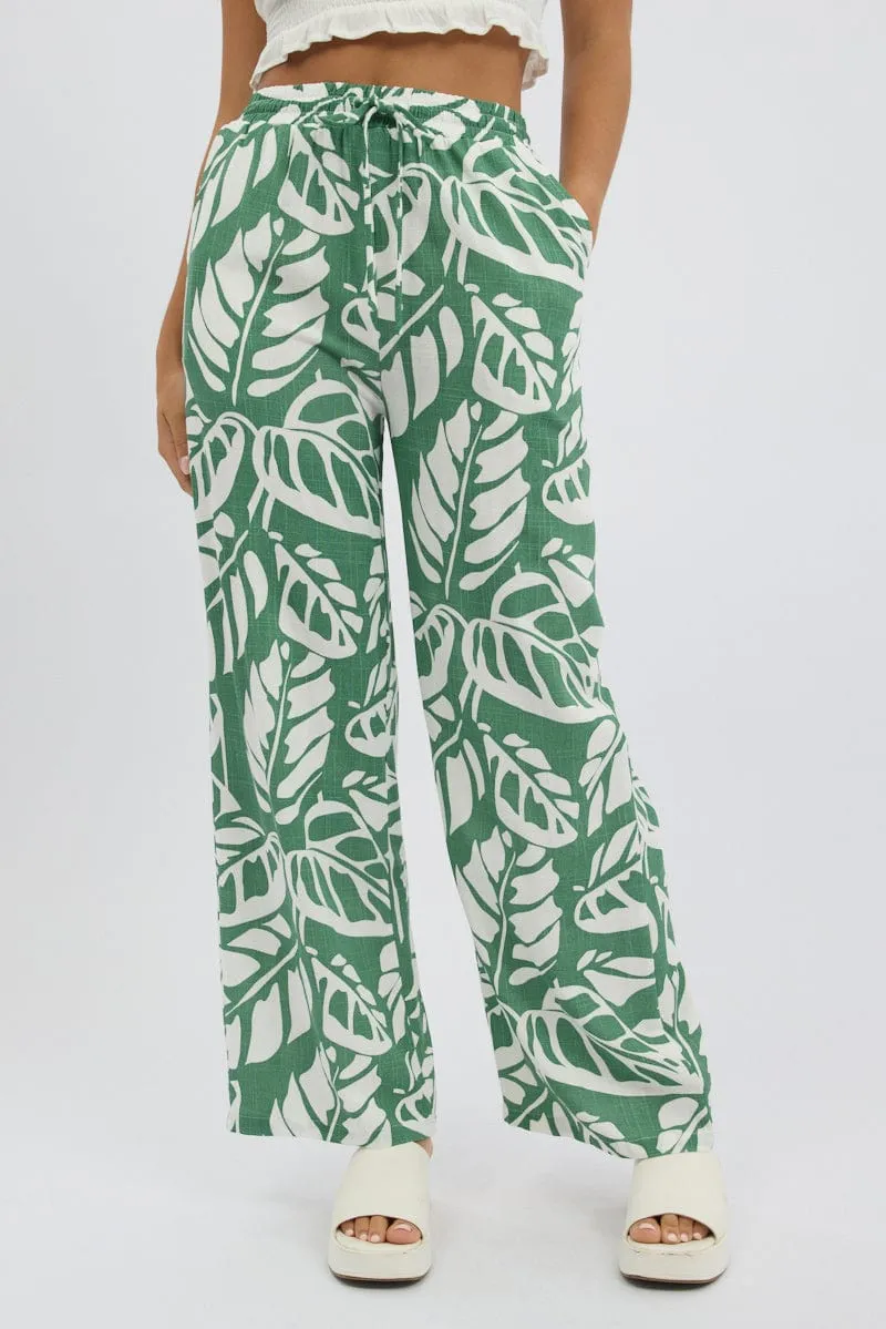 Green Abstract Wide Leg Pants Elasticated Waist Easy Care Fabric Anti Snag Fabric
