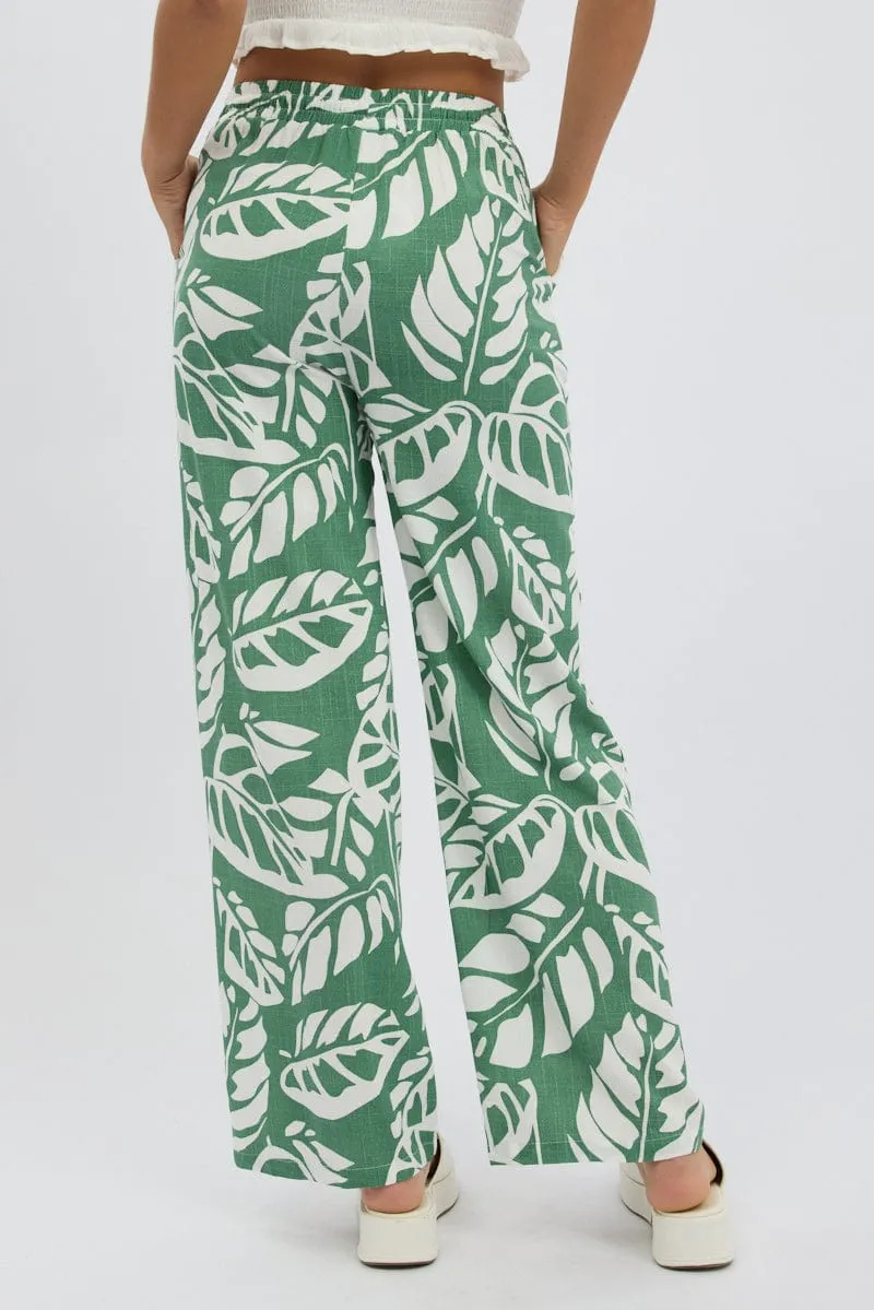Fashionable Design Green Abstract Wide Leg Pants Elasticated Waist