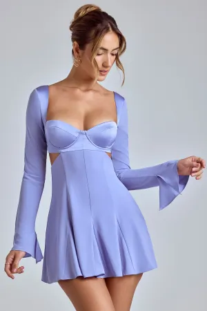 Party Rush Show Glow Long Sleeve Godet Mini Dress in Blue Lavender