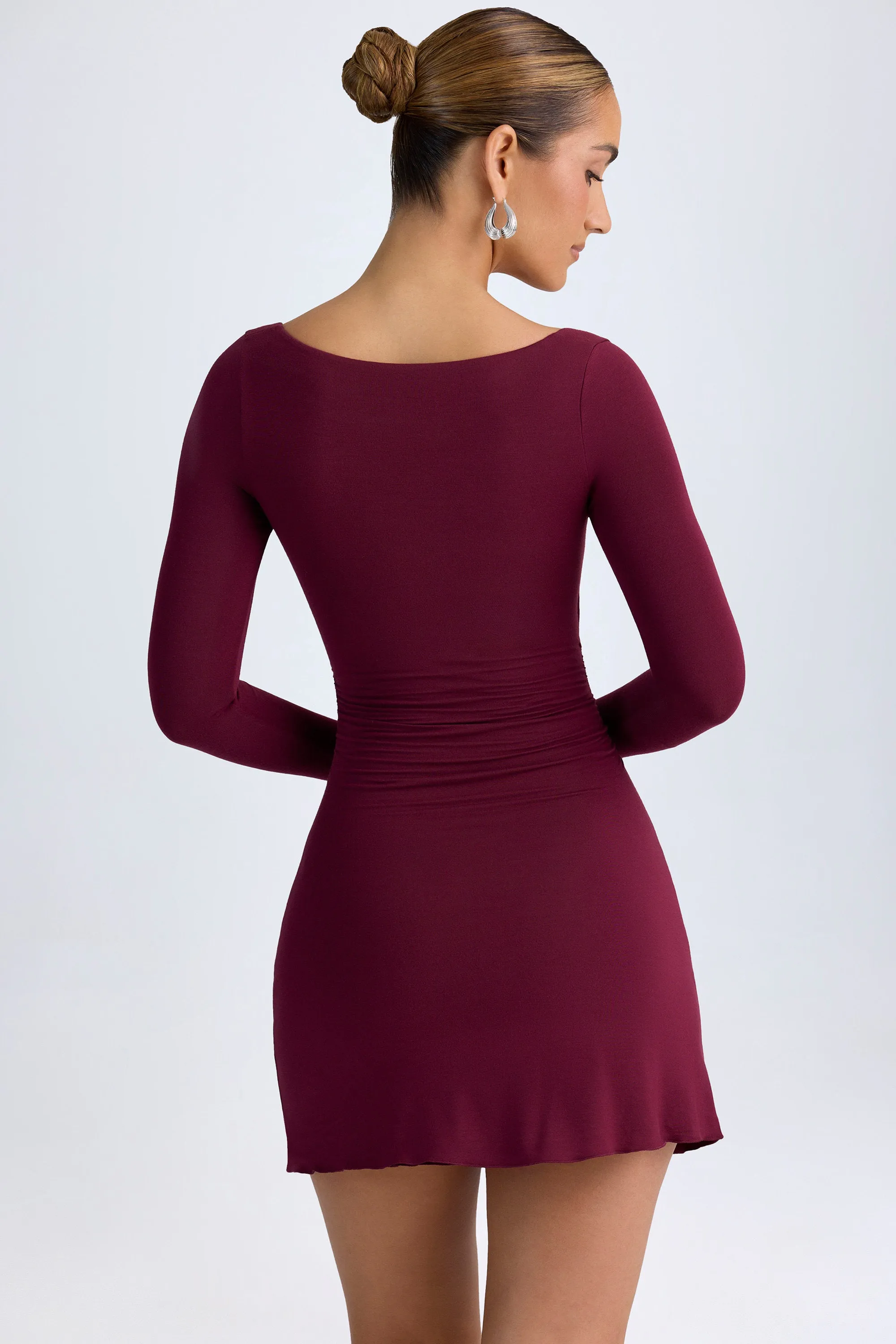 Modal Layered A-Line Mini Dress in Wine Red Scalloped Edge Detailing