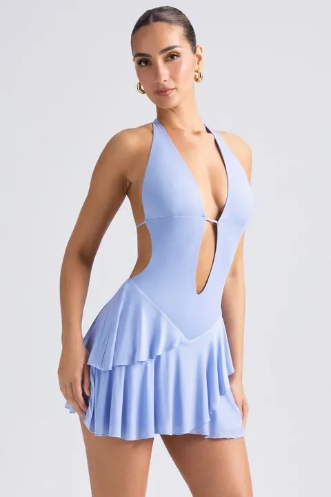 Fun Mode Ruffled Cut-Out Halterneck Mini Dress in Periwinkle Blue