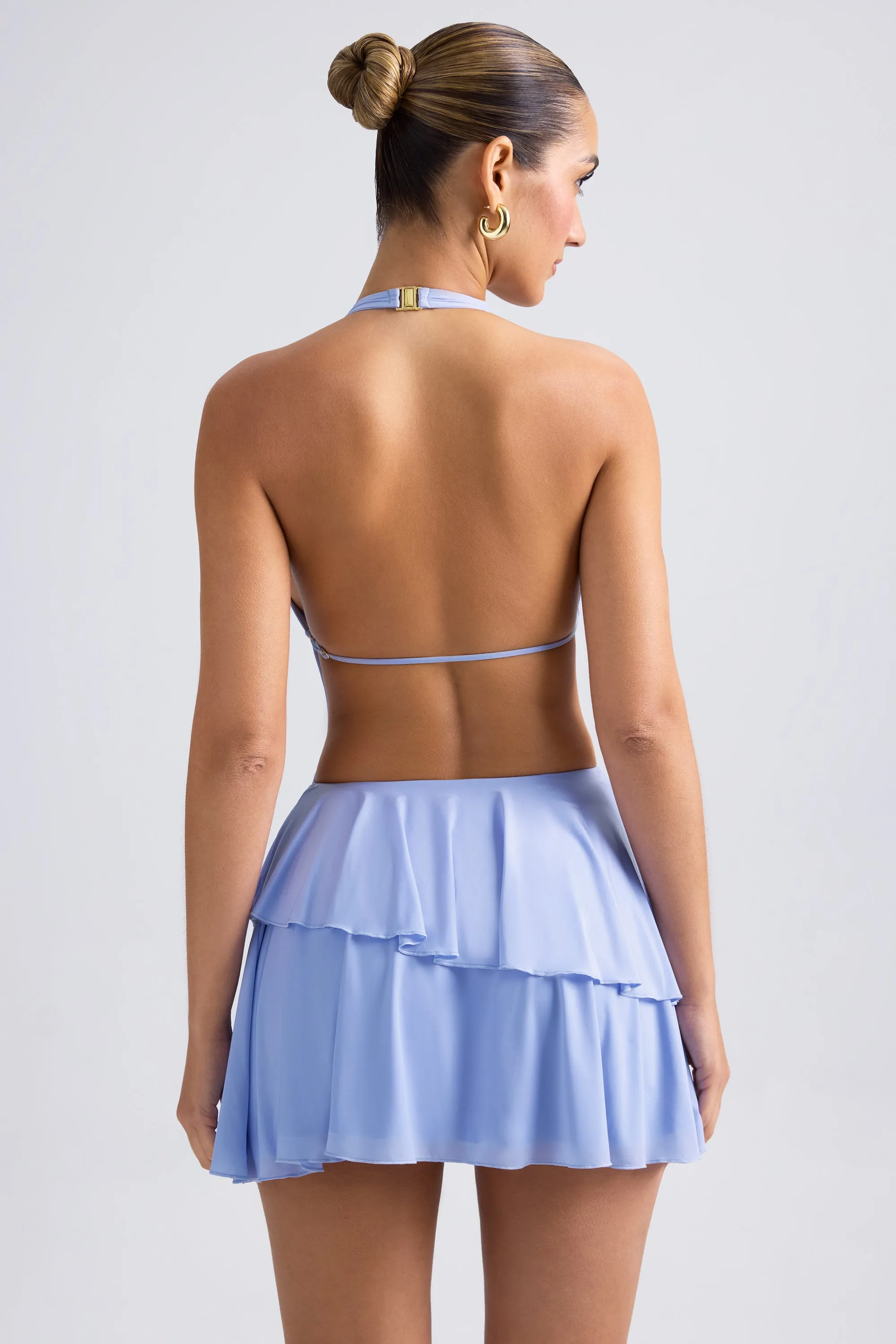 Ruffled Cut-Out Halterneck Mini Dress in Periwinkle Blue Floral Appeal Elegant formal mini gown