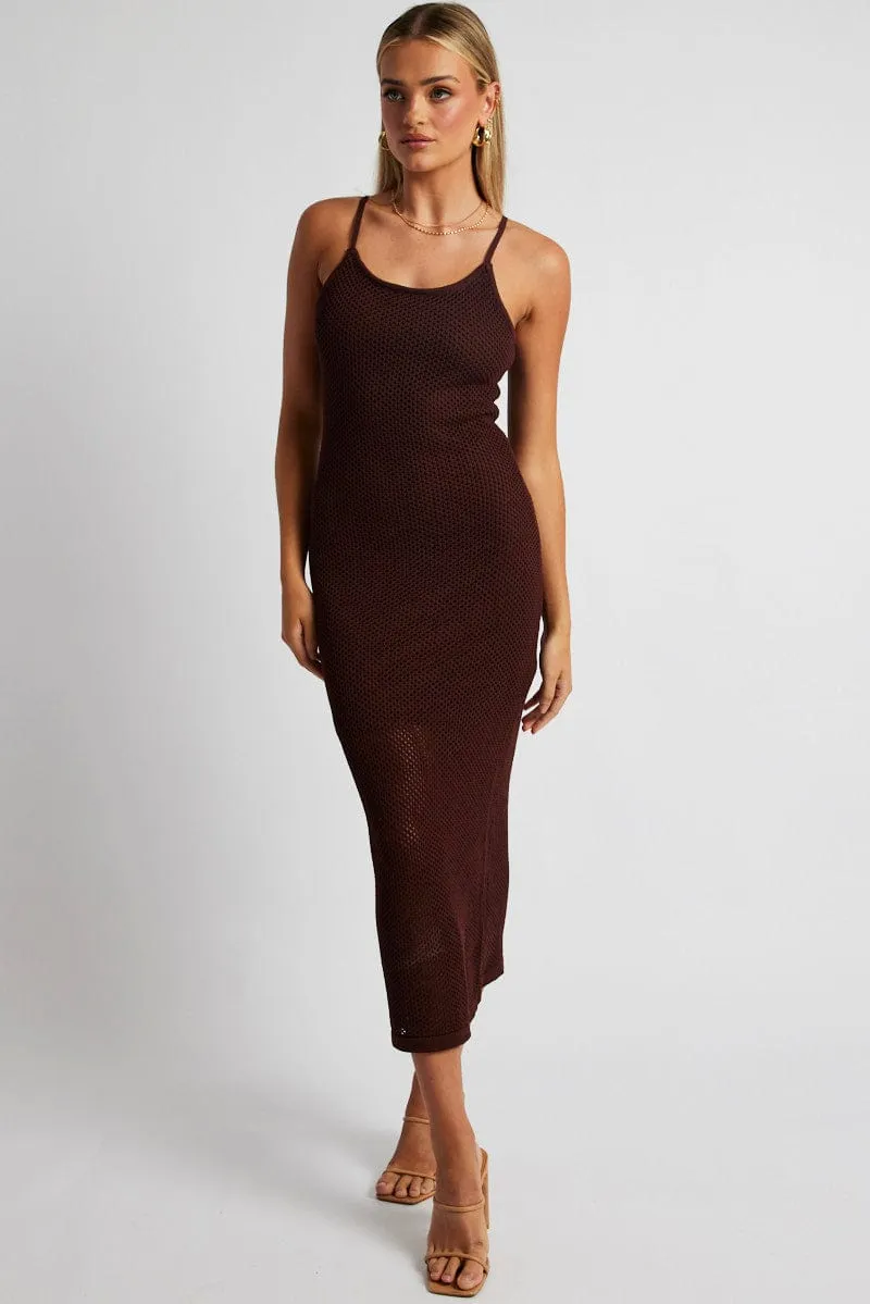 Rock Bay Fashionable Piece Brown Knit Midi Dress Sleeveless