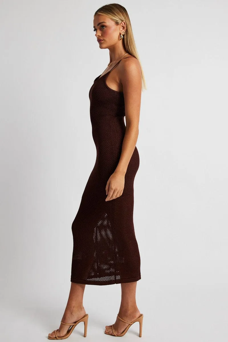Brown Knit Midi Dress Sleeveless Meadow Bloom Statement pattern knee-length dress