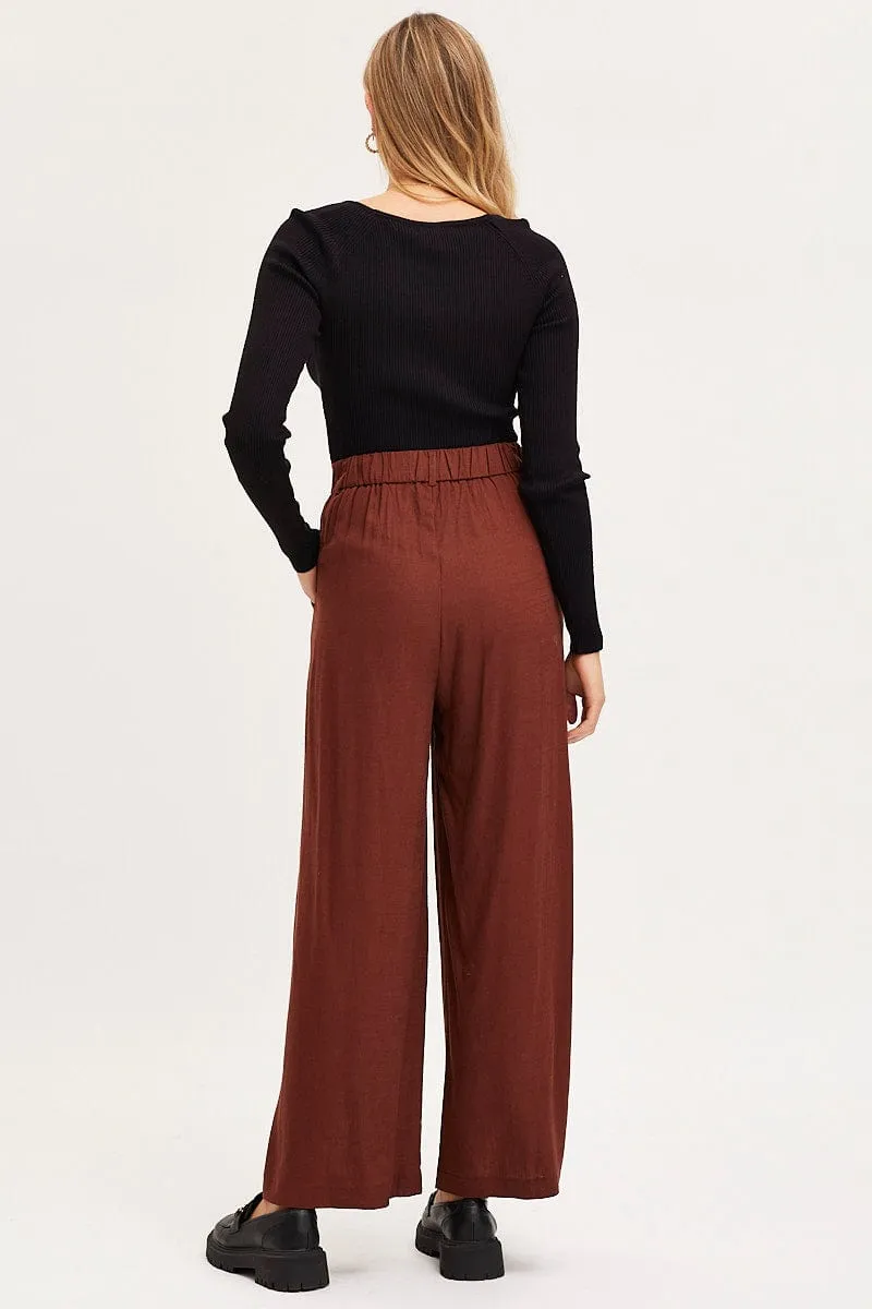 Casual Style Freedom Move Brown Wide Leg Pants High Rise