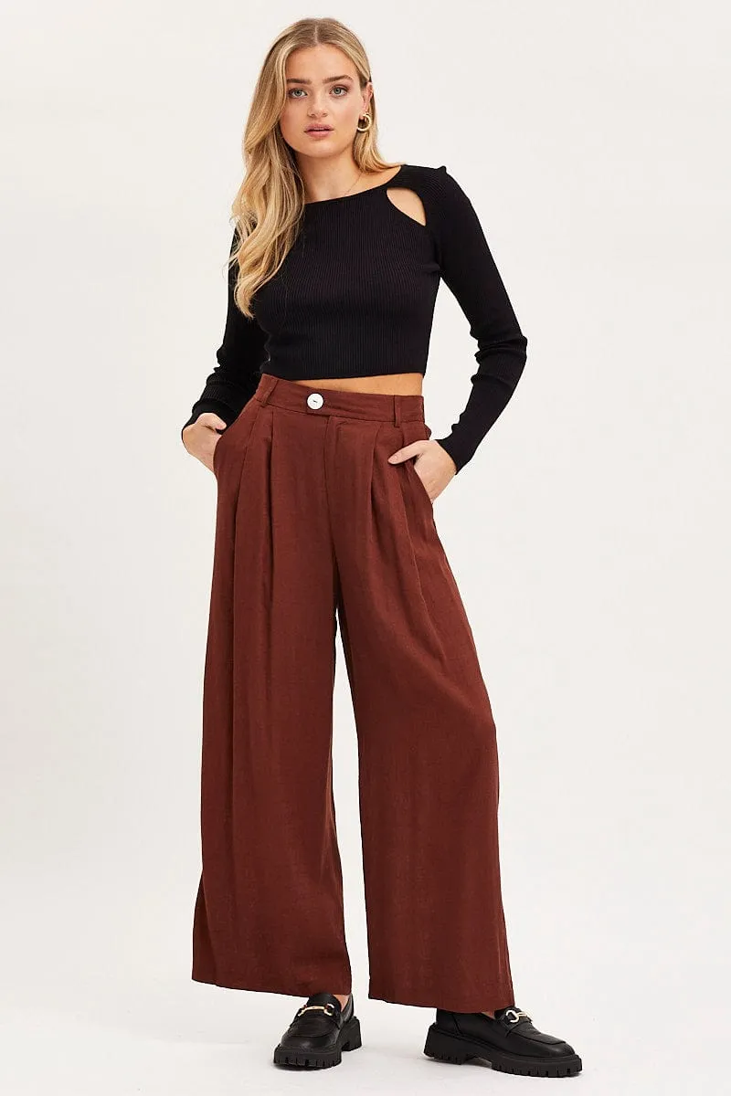 Airy Feel Brown Wide Leg Pants High Rise