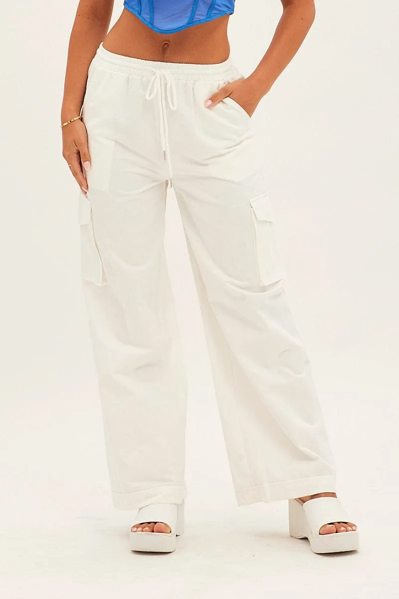 White Cargo Pant Wide Leg Elastic Waist Cotton Twill Fitted waist Tailored Silhouette