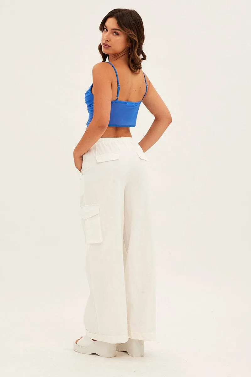 Professional Wear White Cargo Pant Wide Leg Elastic Waist Cotton Twill