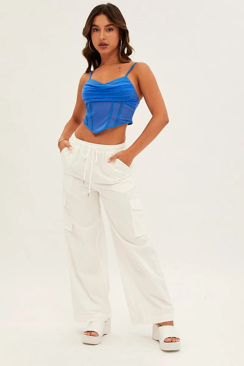 White Cargo Pant Wide Leg Elastic Waist Cotton Twill Curved Waistline