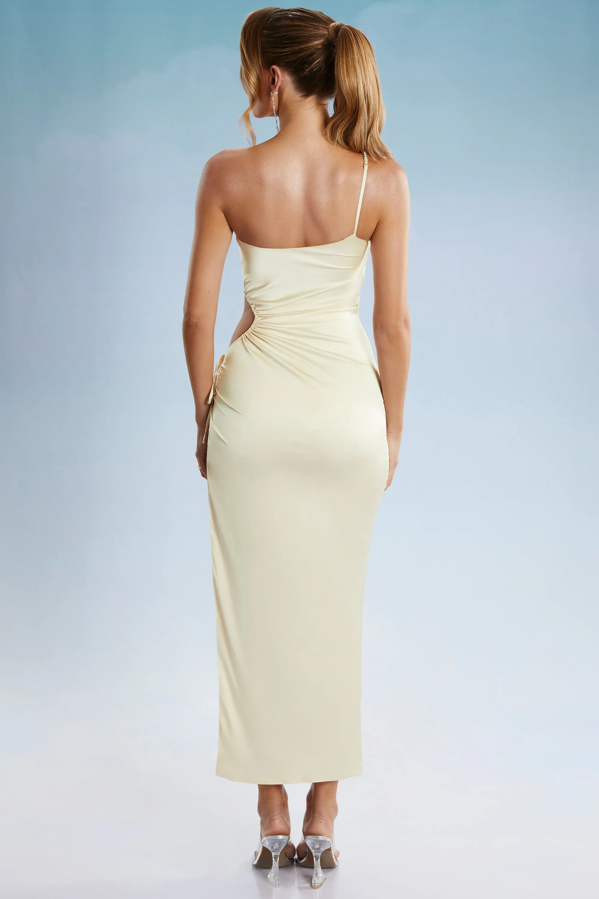 StaticFreeLining Design Glow Asymmetric Cut Out Midaxi Dress in Ivory