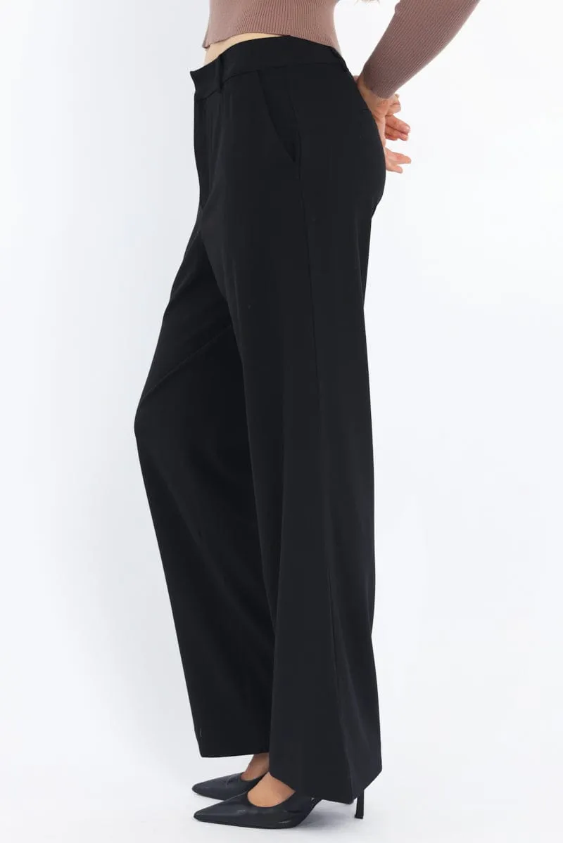 TouchscreenCompatiblePockets Soft Lining Black Wide Leg Pants Mid Rise