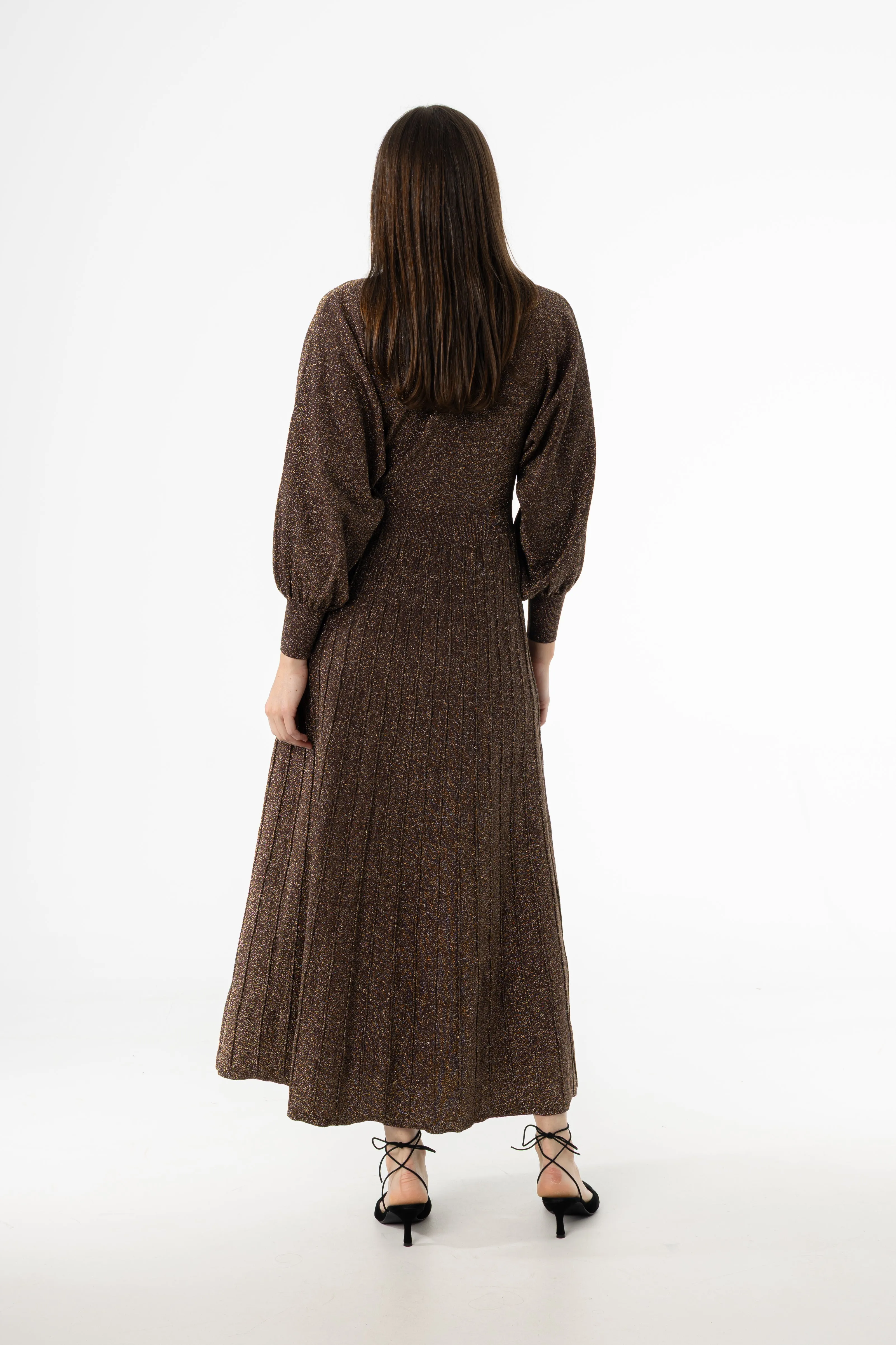 Fashion Trend Bronze Shimmer Accordion Maxi Dress