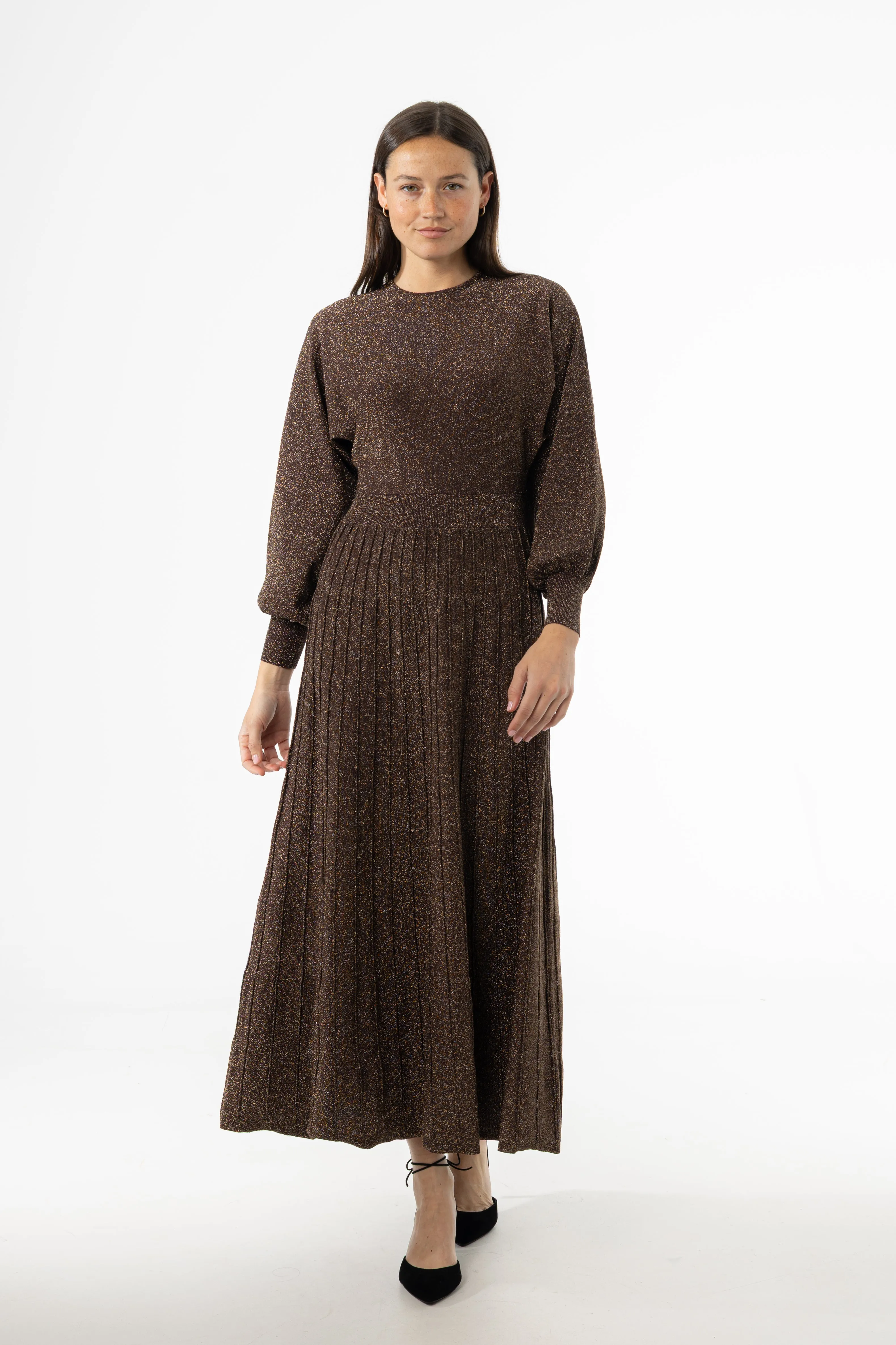 Bronze Shimmer Accordion Maxi Dress Retro cool