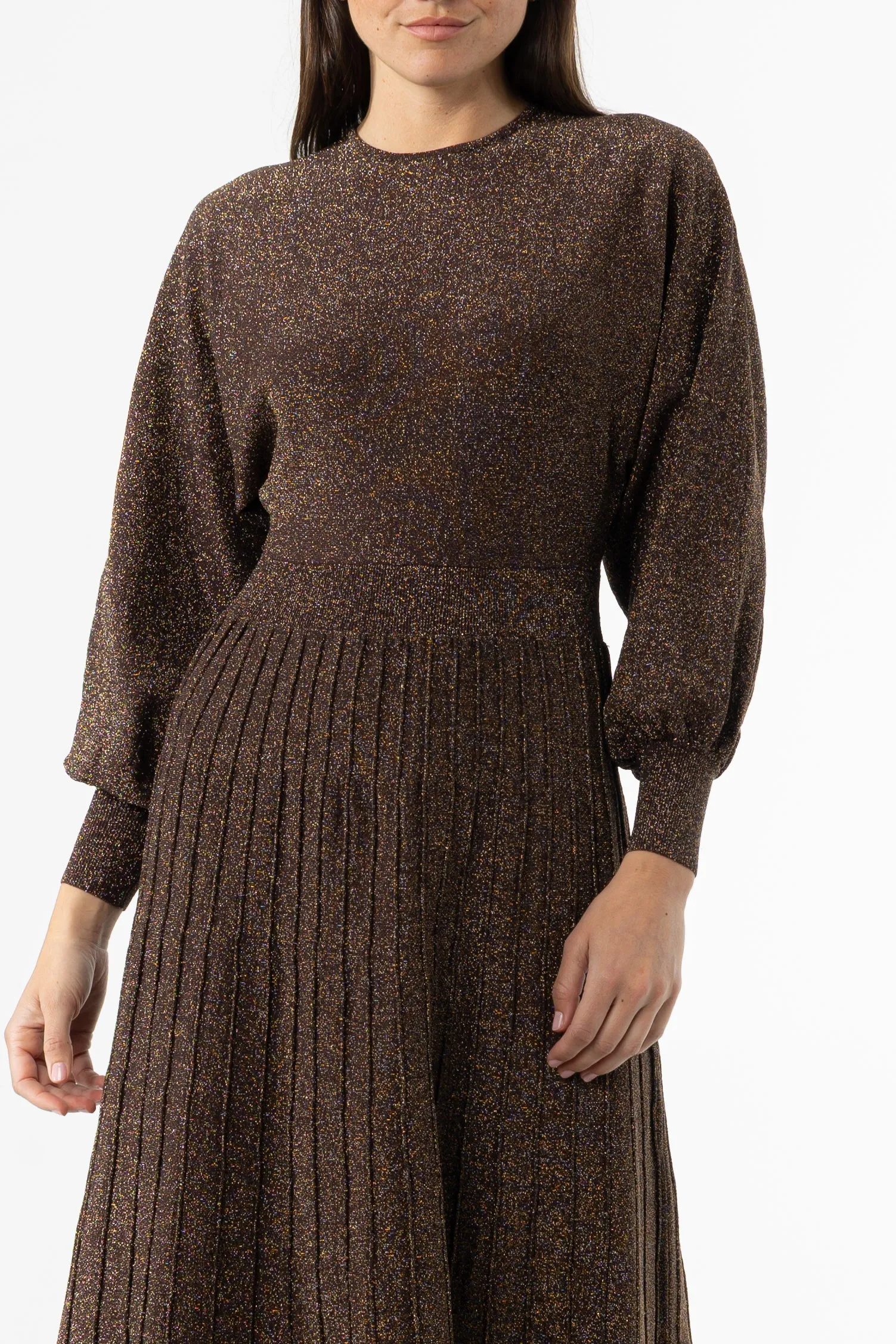 Bronze Shimmer Accordion Maxi Dress ElasticFree Cuffs