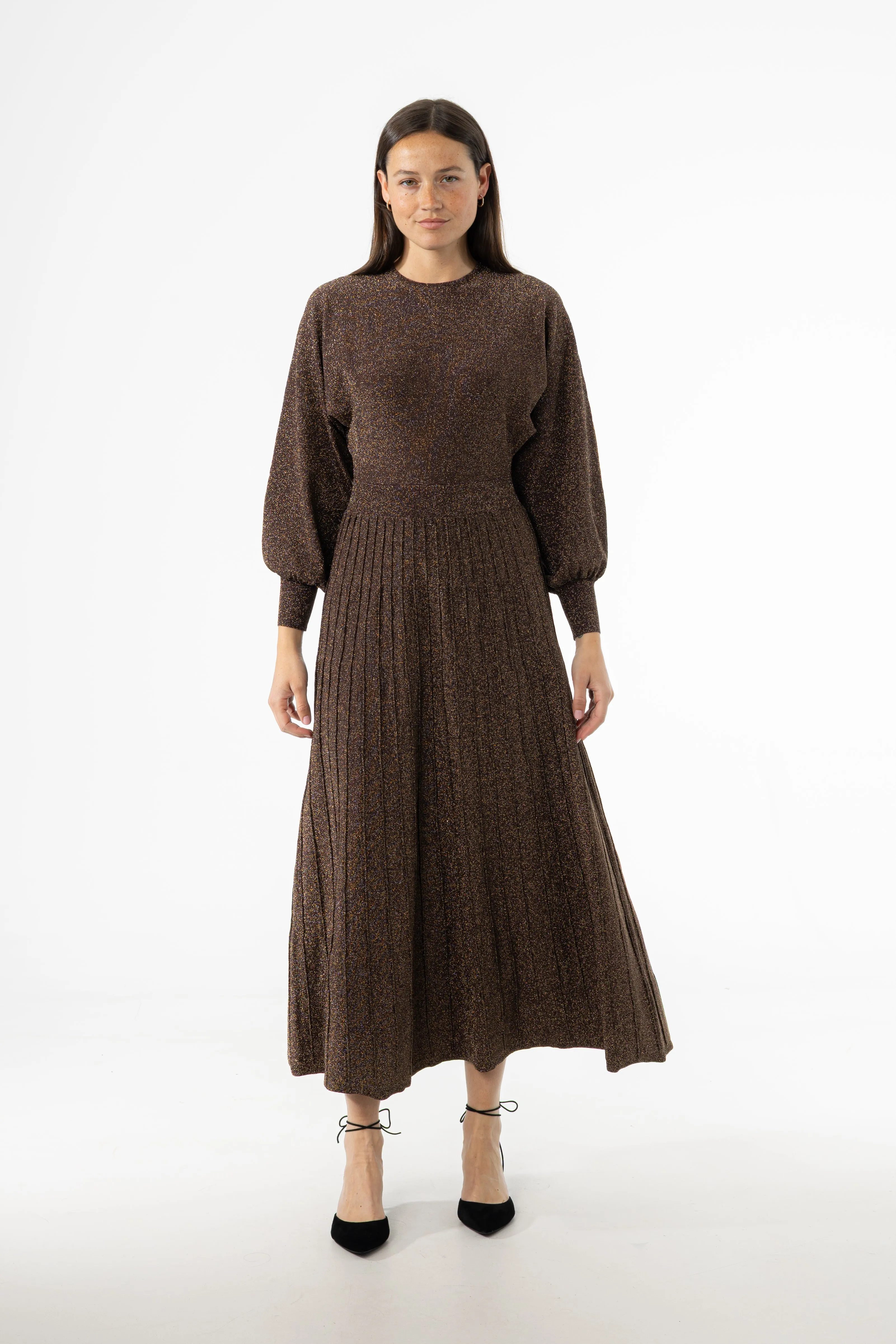 Classic Wear Bronze Shimmer Accordion Maxi Dress