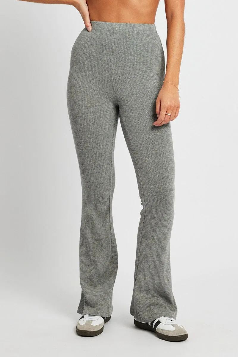 Grey Flare Leg Pants Rib Trendy Look
