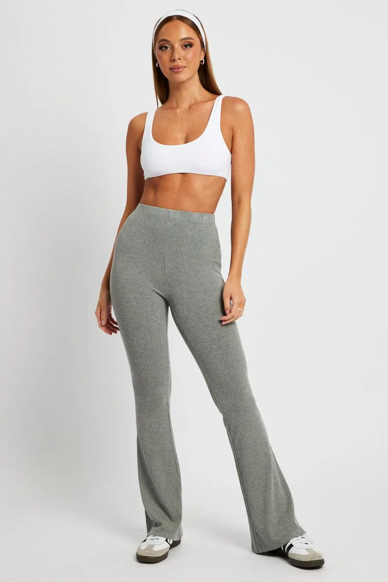 Grey Flare Leg Pants Rib Polyester fabric