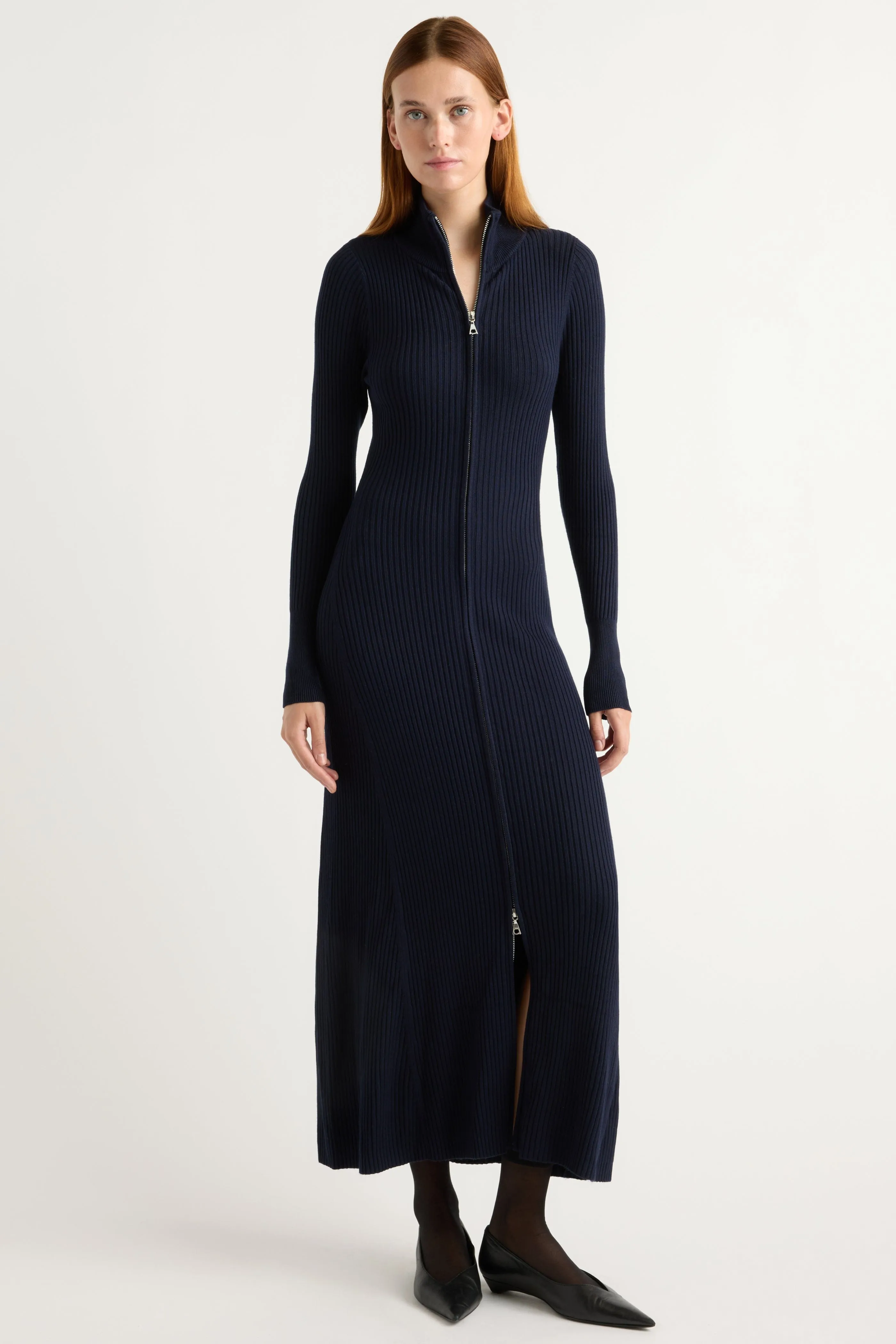 Janne Ribbed Two-Way Zip Sweater Dress Versatile Scarf