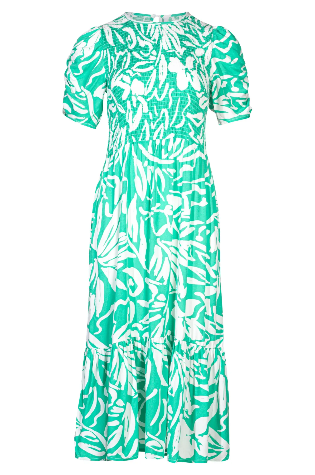 Shirred bodice Dress | Jade Ivory Leaf | 3342A1 Silver Glow