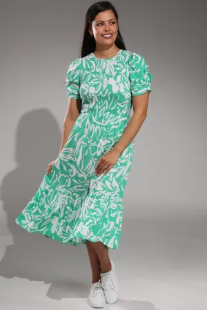 EcoFriendlyMaterial Shirred bodice Dress | Jade Ivory Leaf | 3342A1