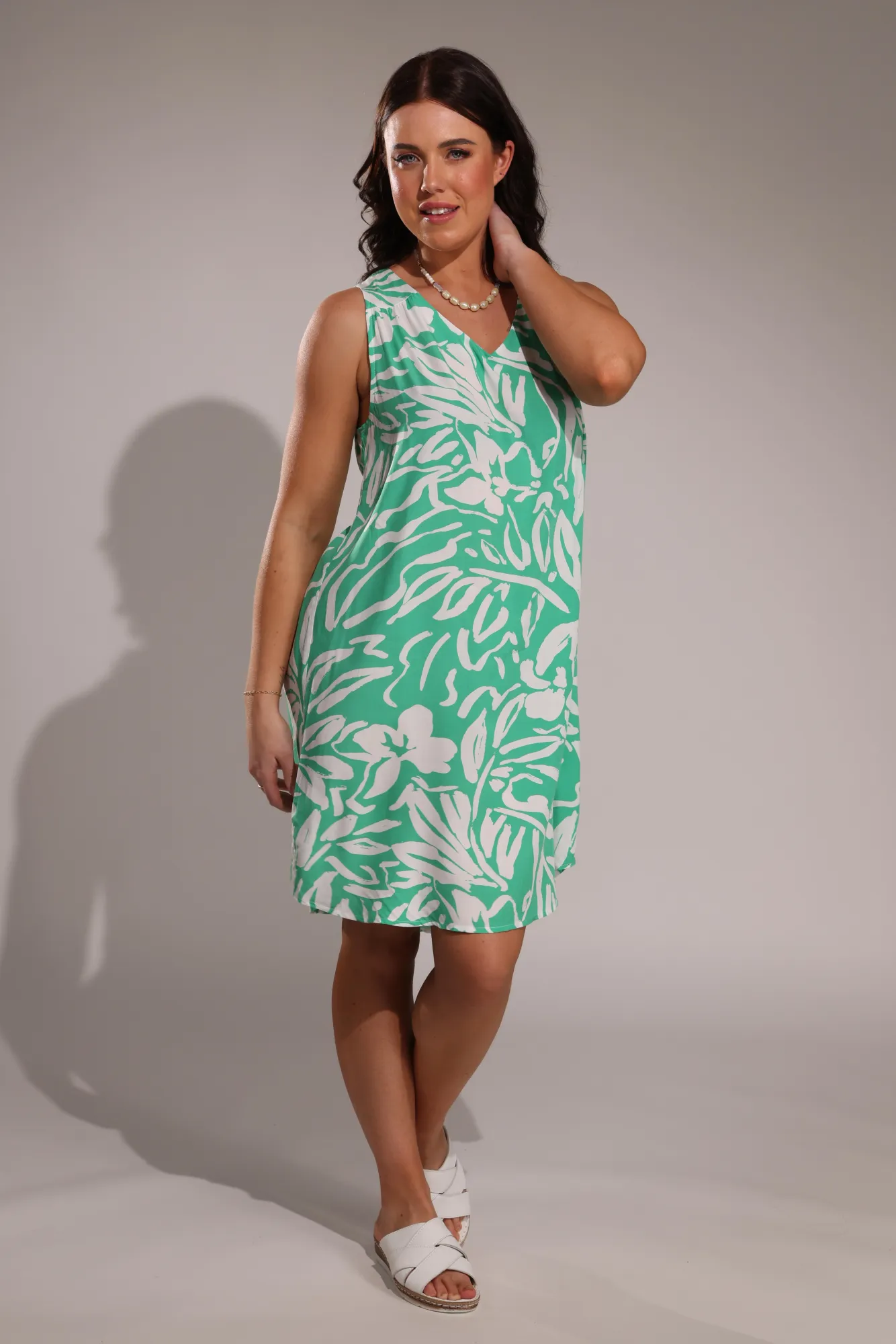 WrinkleResistant ThermalRegulating Fabric V neck Dress with keyhole back | Jade Ivory Leaf | 3351A1