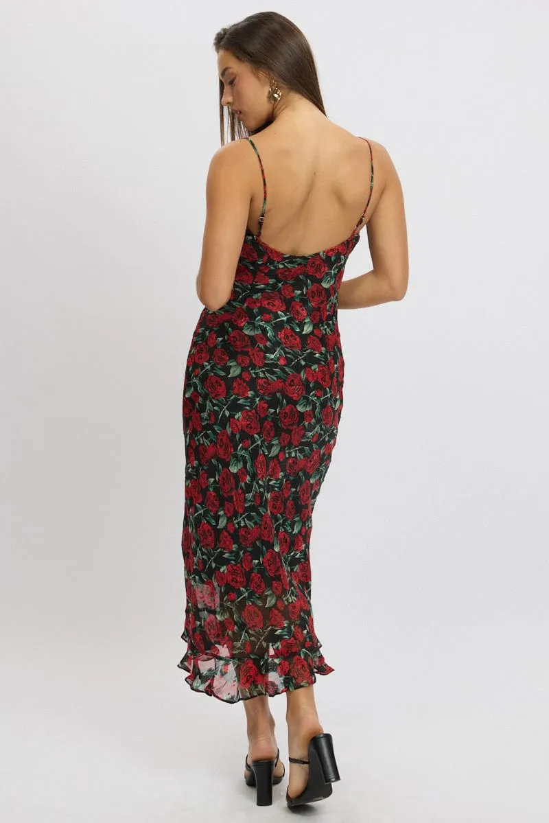 Modern feminine style Red Floral Midi Dress Bias Chiffon