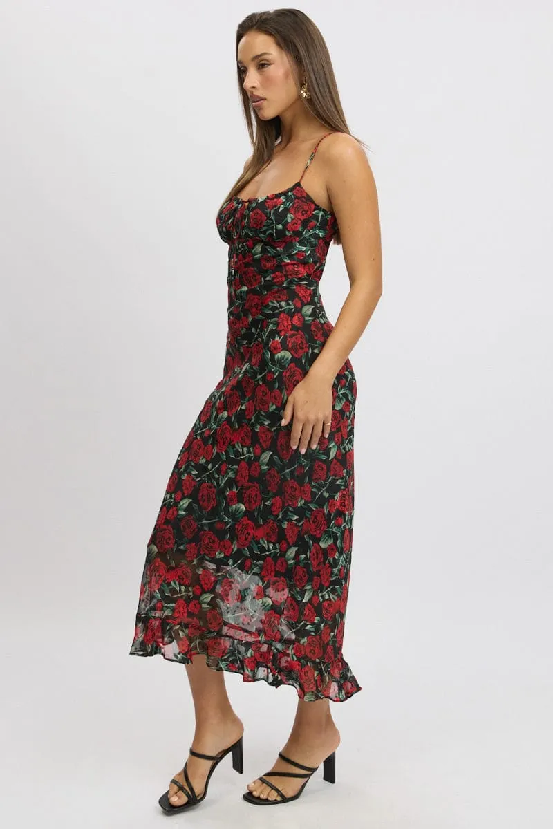Red Floral Midi Dress Bias Chiffon Flattering Fashion Feel Good