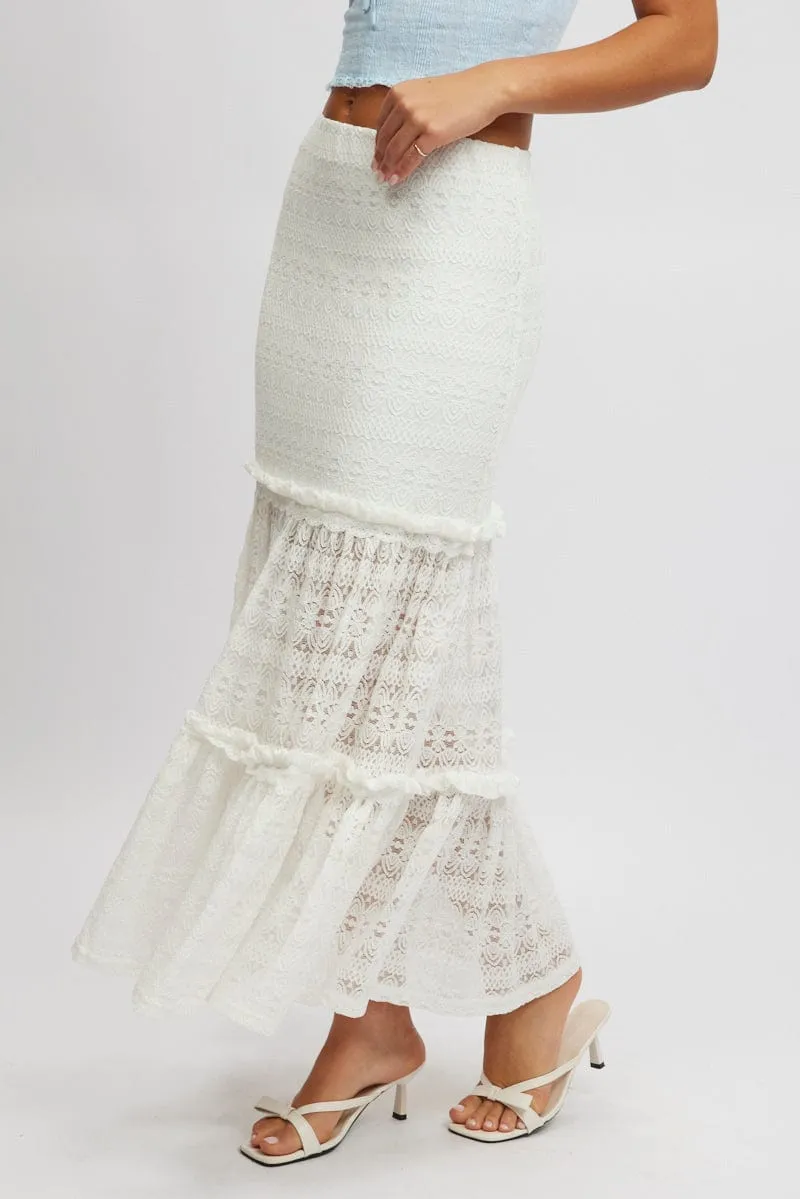 White Lace Maxi Skirt Elastic Waist Tiered Lined Hidden Zipper Refined Style