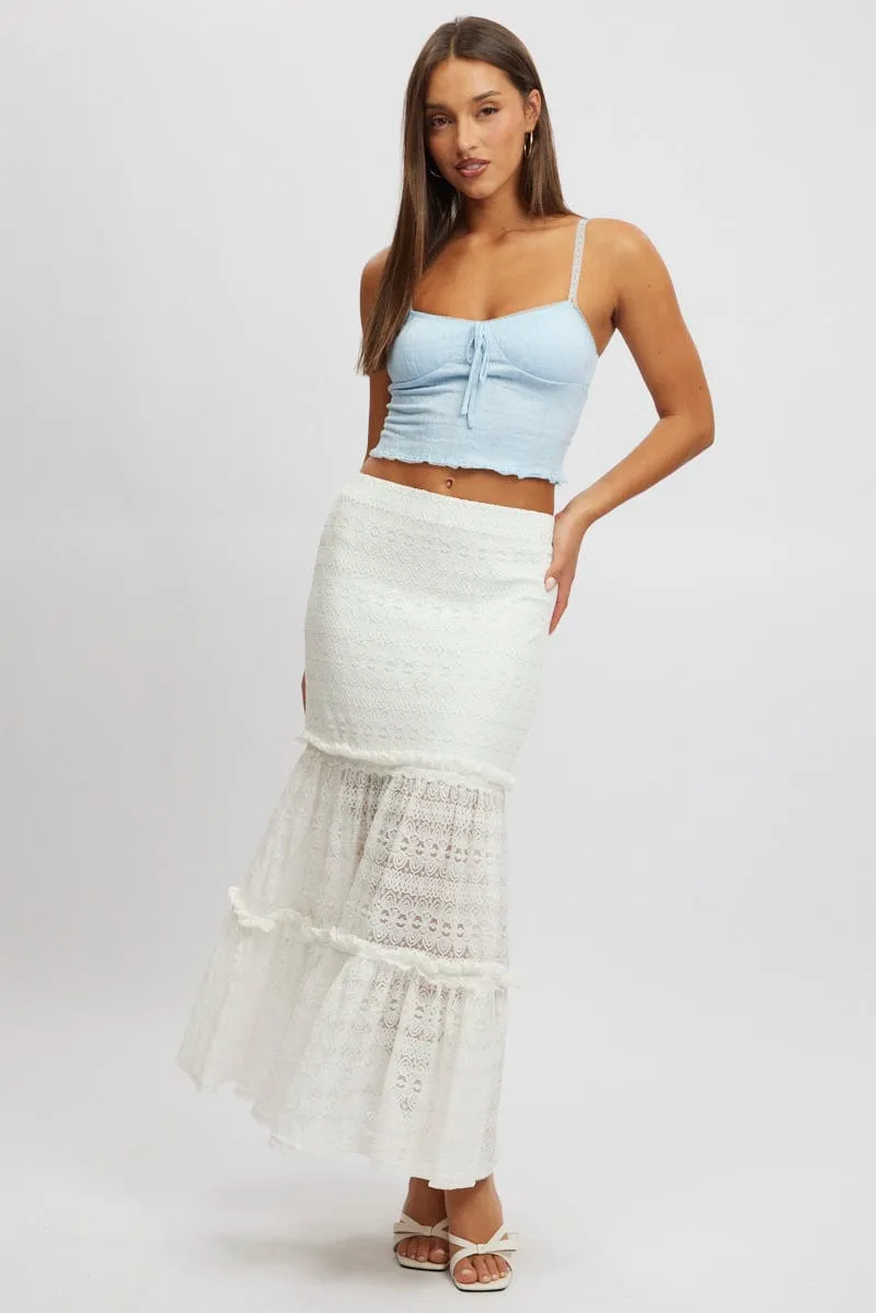 Comfort Wear White Lace Maxi Skirt Elastic Waist Tiered Lined