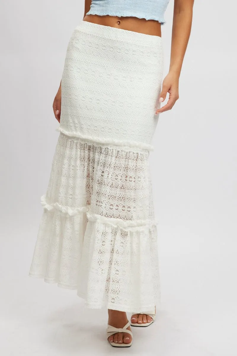 Performance Outfit Cozy Vibe White Lace Maxi Skirt Elastic Waist Tiered Lined