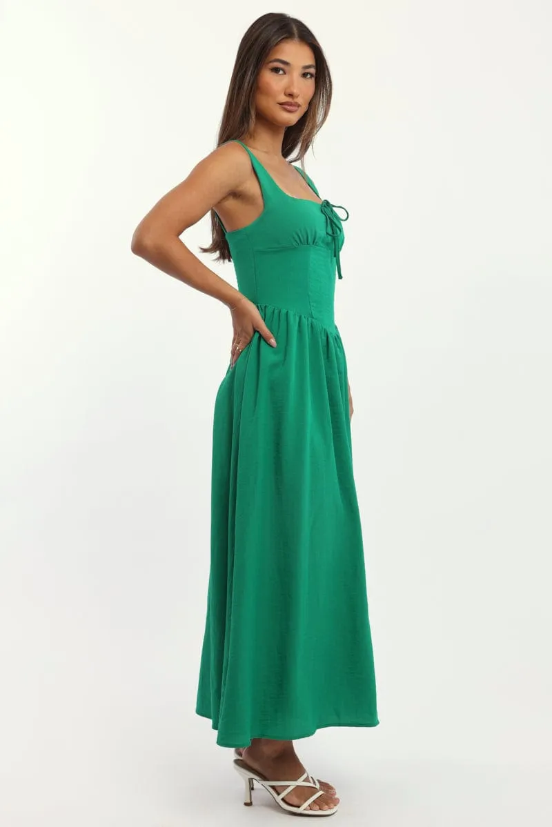 Green Midi Dress Gathered Bust Soft fabric knee-length dress