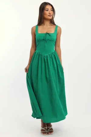 Statement pattern knee-length dress Green Midi Dress Gathered Bust