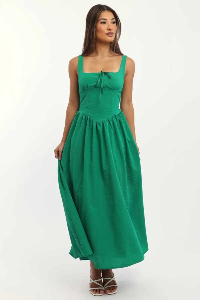Statement pattern knee-length dress Green Midi Dress Gathered Bust