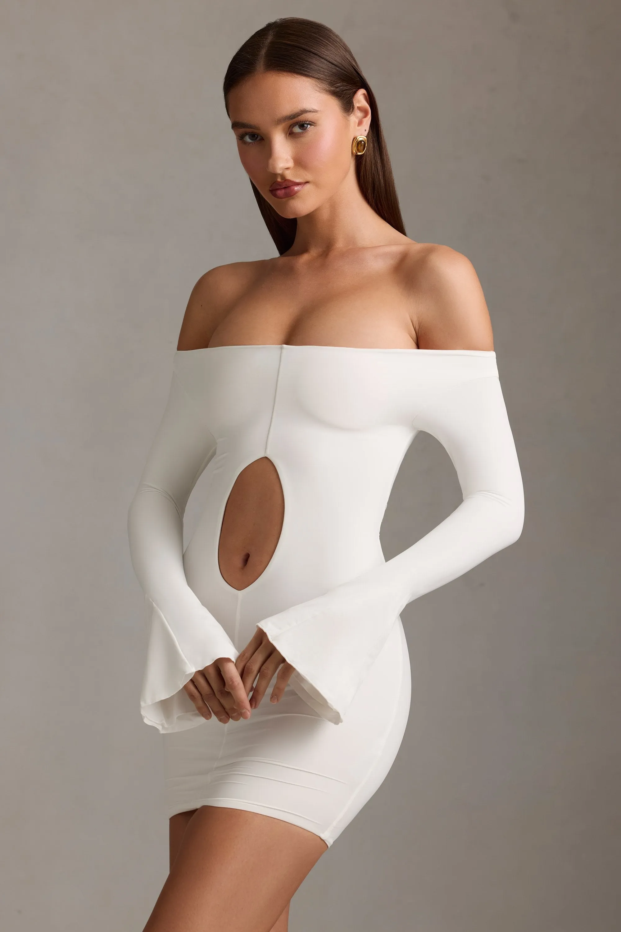 Off-Shoulder Cut-Out Mini Dress in White Show Time