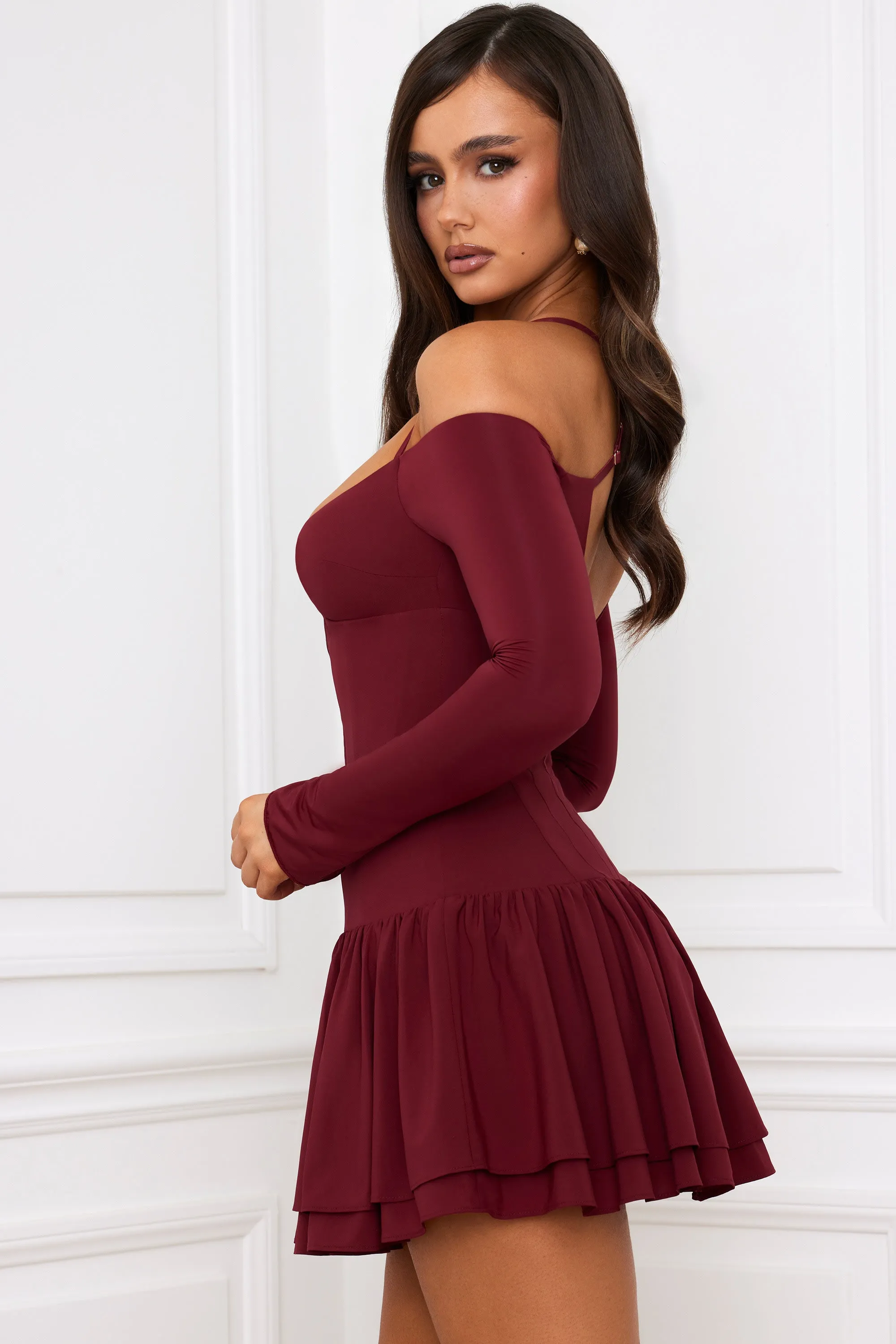 Off-Shoulder Tiered Corset Mini Dress in Berry Red Moisture Wicking Lining