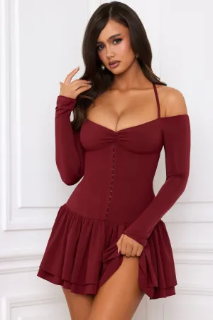 Off-Shoulder Tiered Corset Mini Dress in Berry Red Shine Edge