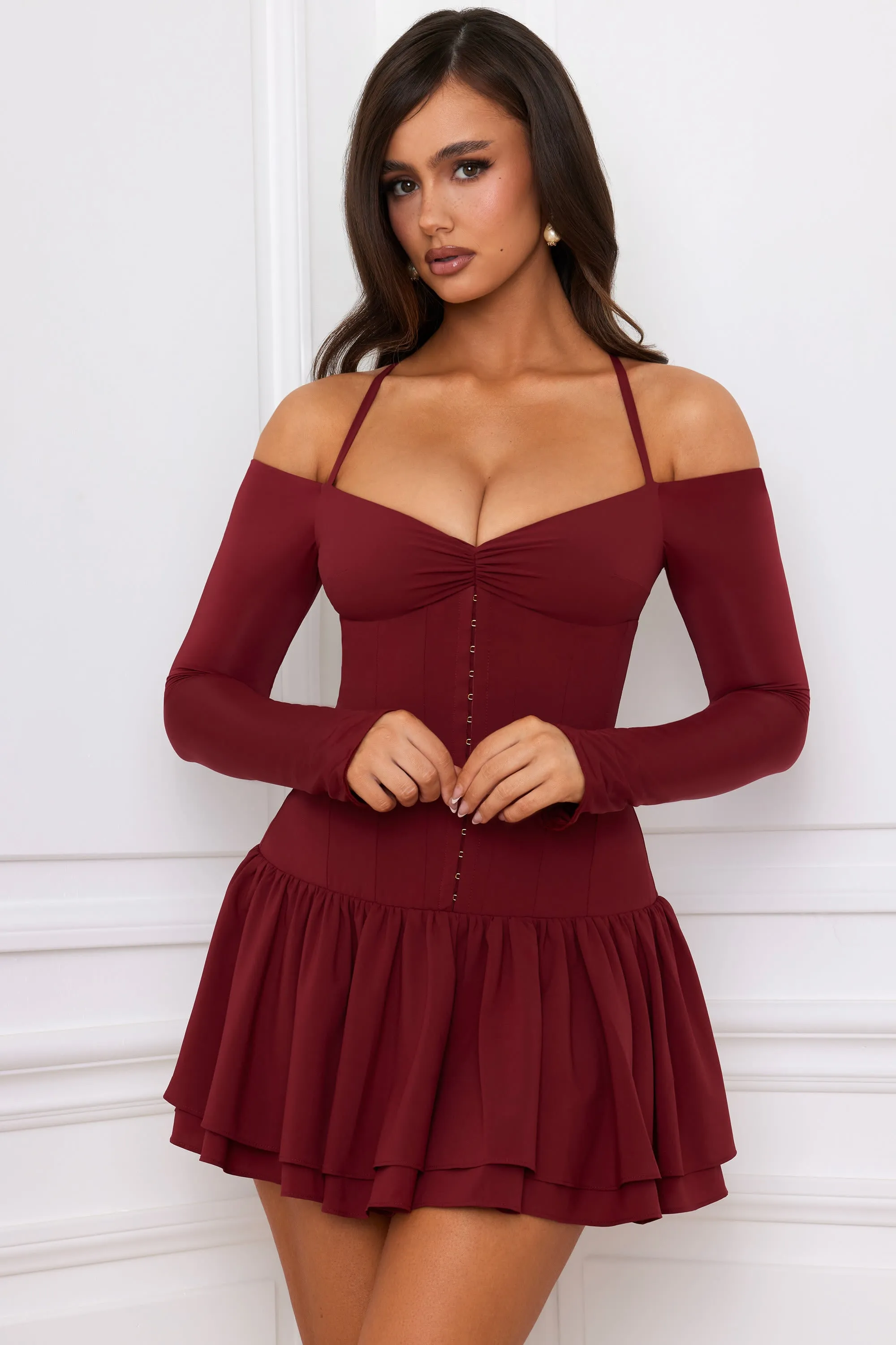 Off-Shoulder Tiered Corset Mini Dress in Berry Red Self Spice Casual chic outfit