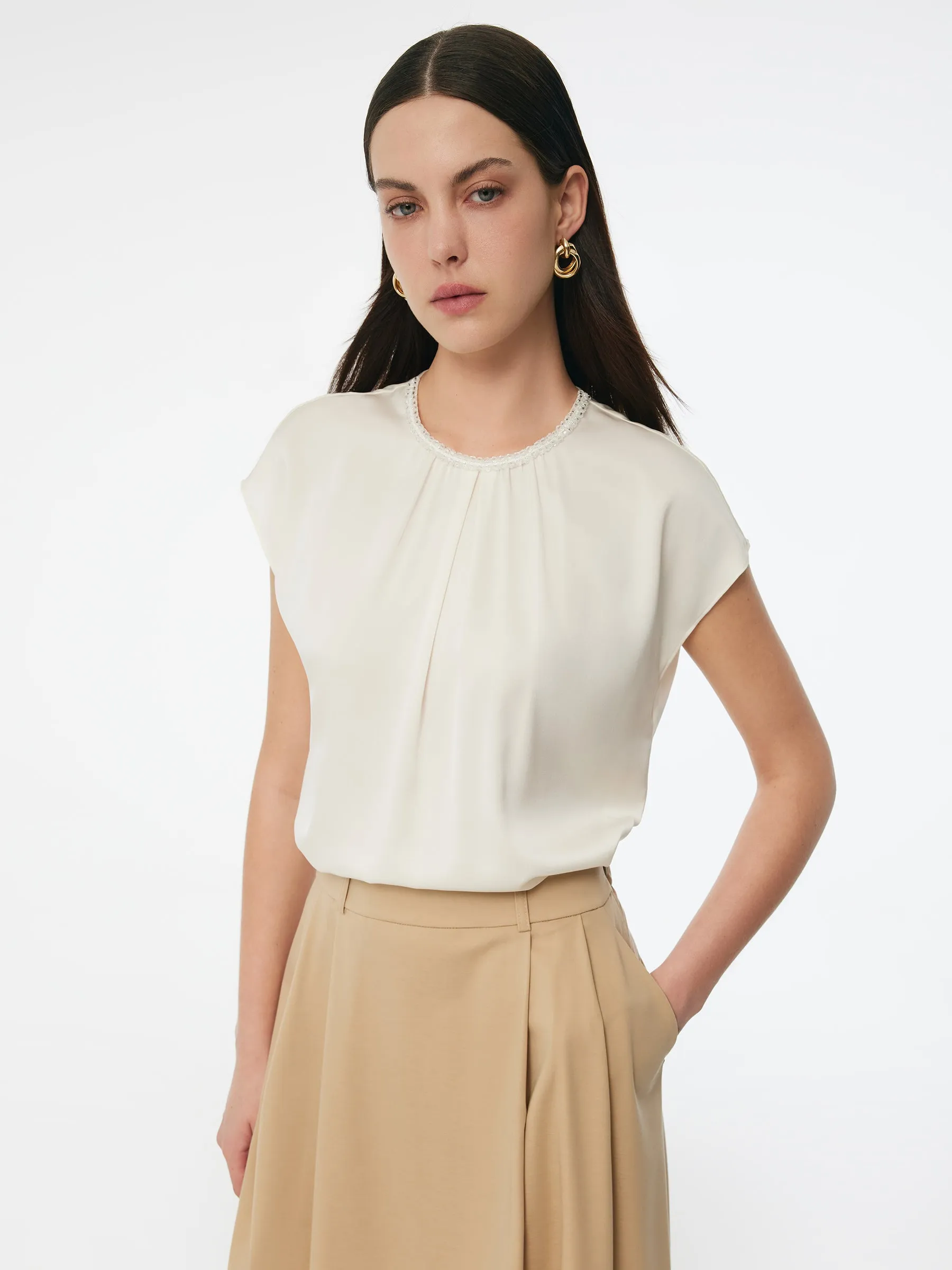 22MM Mulberry Silk Beaded Neck Women Top Comfortable oversized but not shapeless