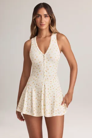 Boho Look Modal Button-Detail A-Line Mini Dress in Floral Print