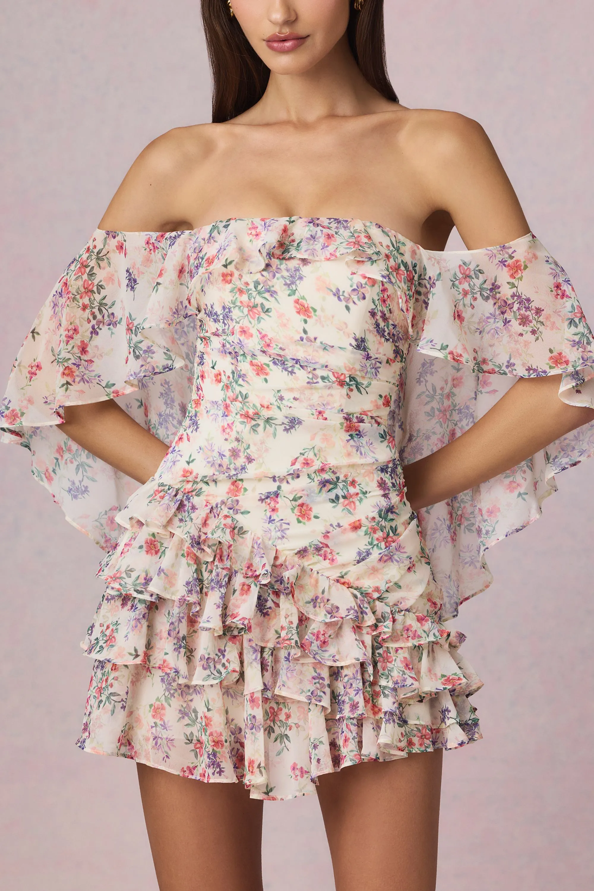 Off-Shoulder Ruffled Mini Dress in Primrose Floral Print Floral design Relaxed mini for warm days