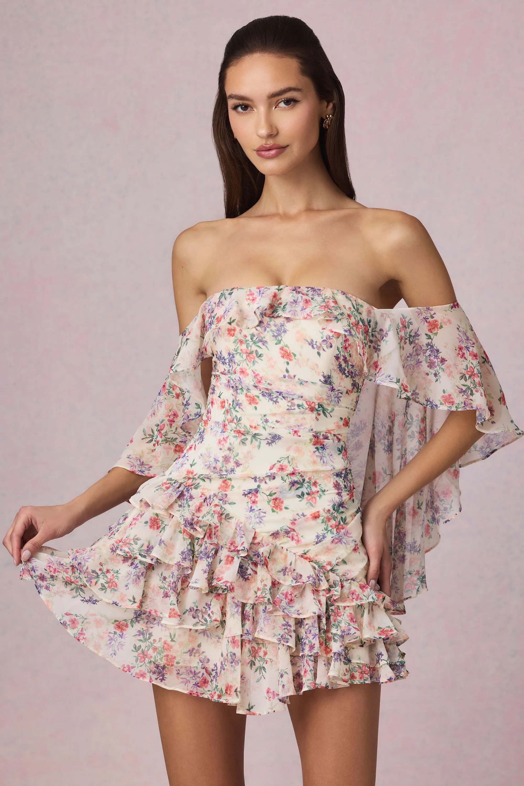Snag Free Off-Shoulder Ruffled Mini Dress in Primrose Floral Print
