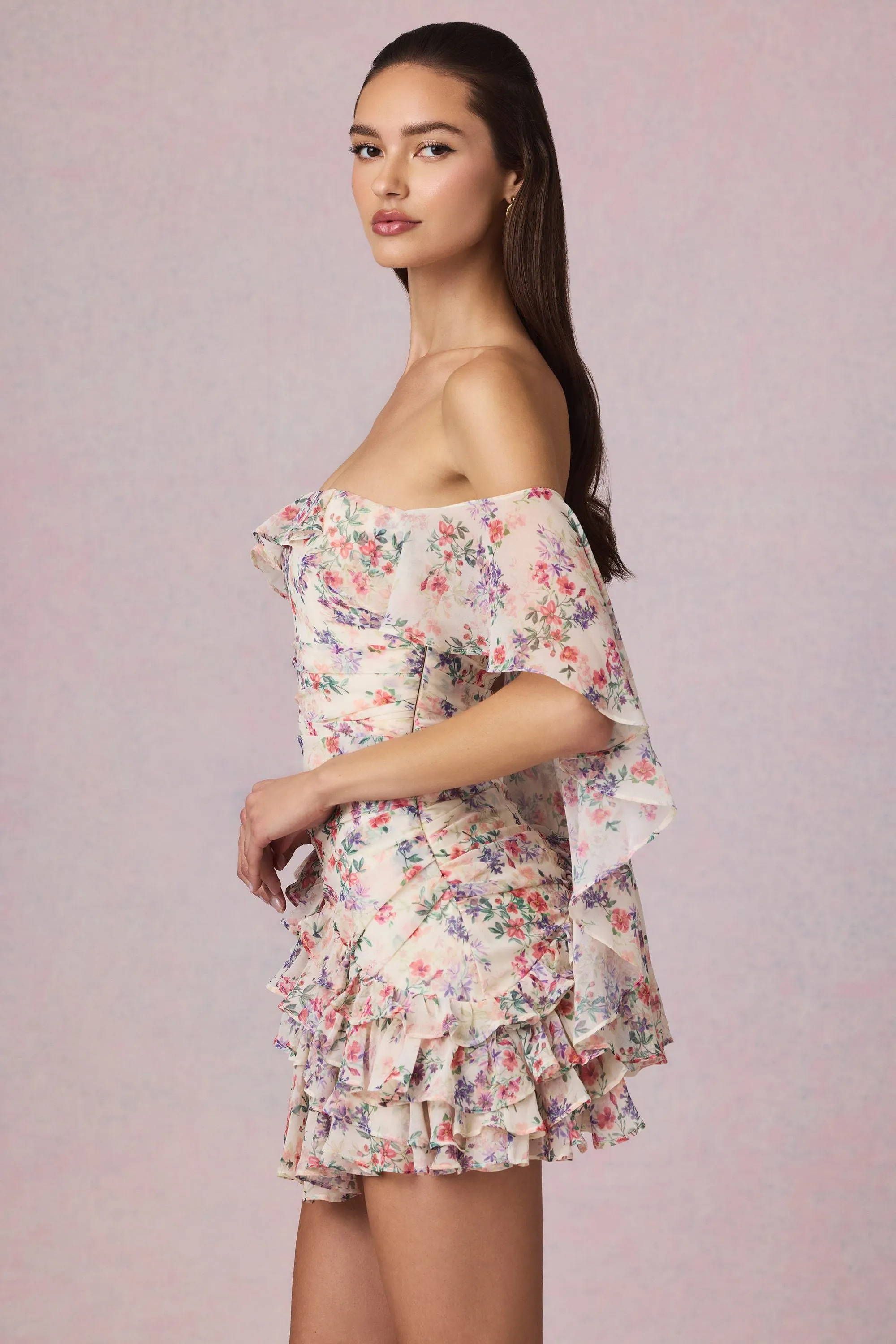 Off-Shoulder Ruffled Mini Dress in Primrose Floral Print Urban Bold