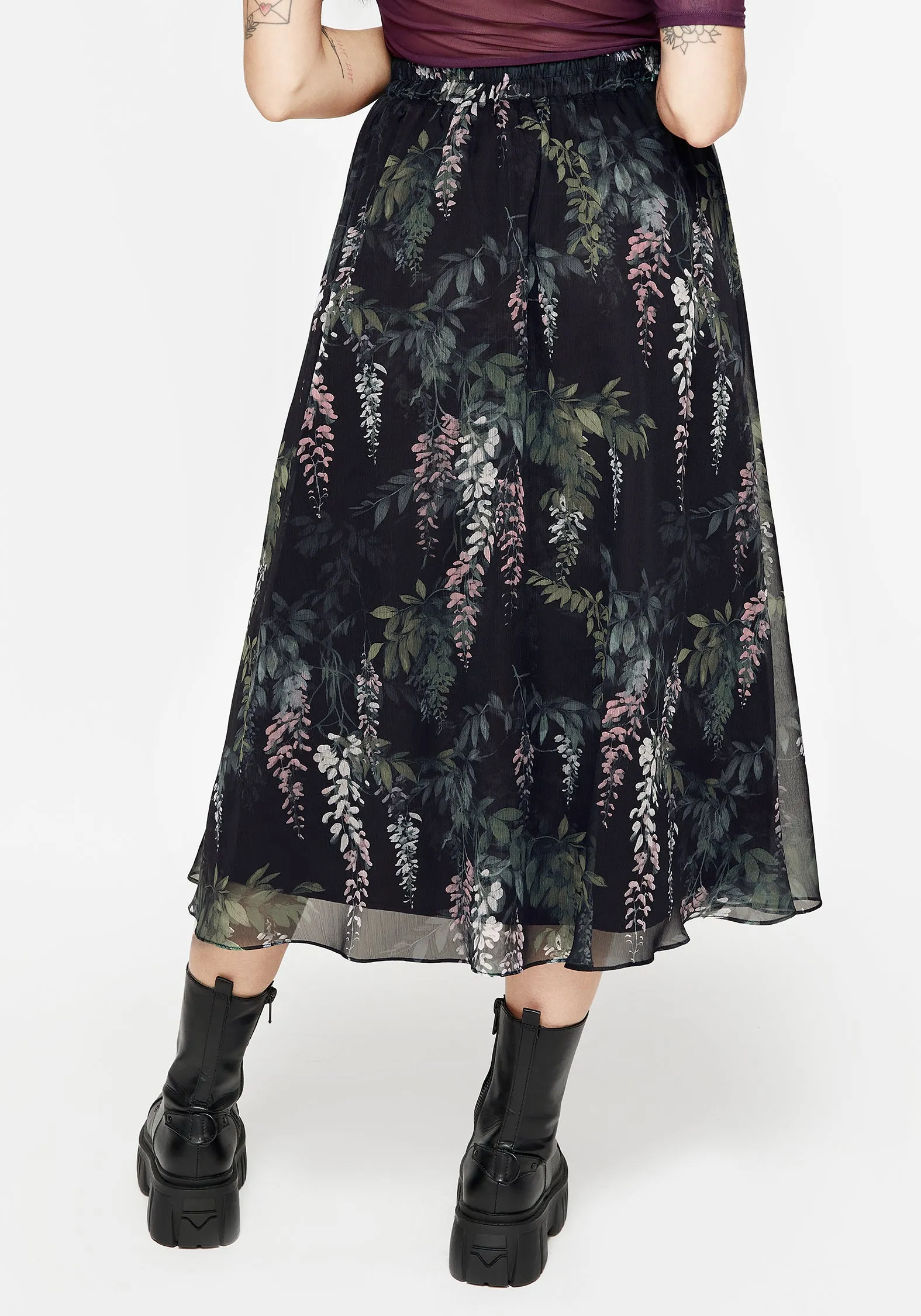 Sophisticated Mood Easy Comfort Wisteria Floral Print Chiffon Midi Skirt