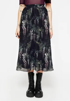 Wisteria Floral Print Chiffon Midi Skirt Soft Styling Tagless label