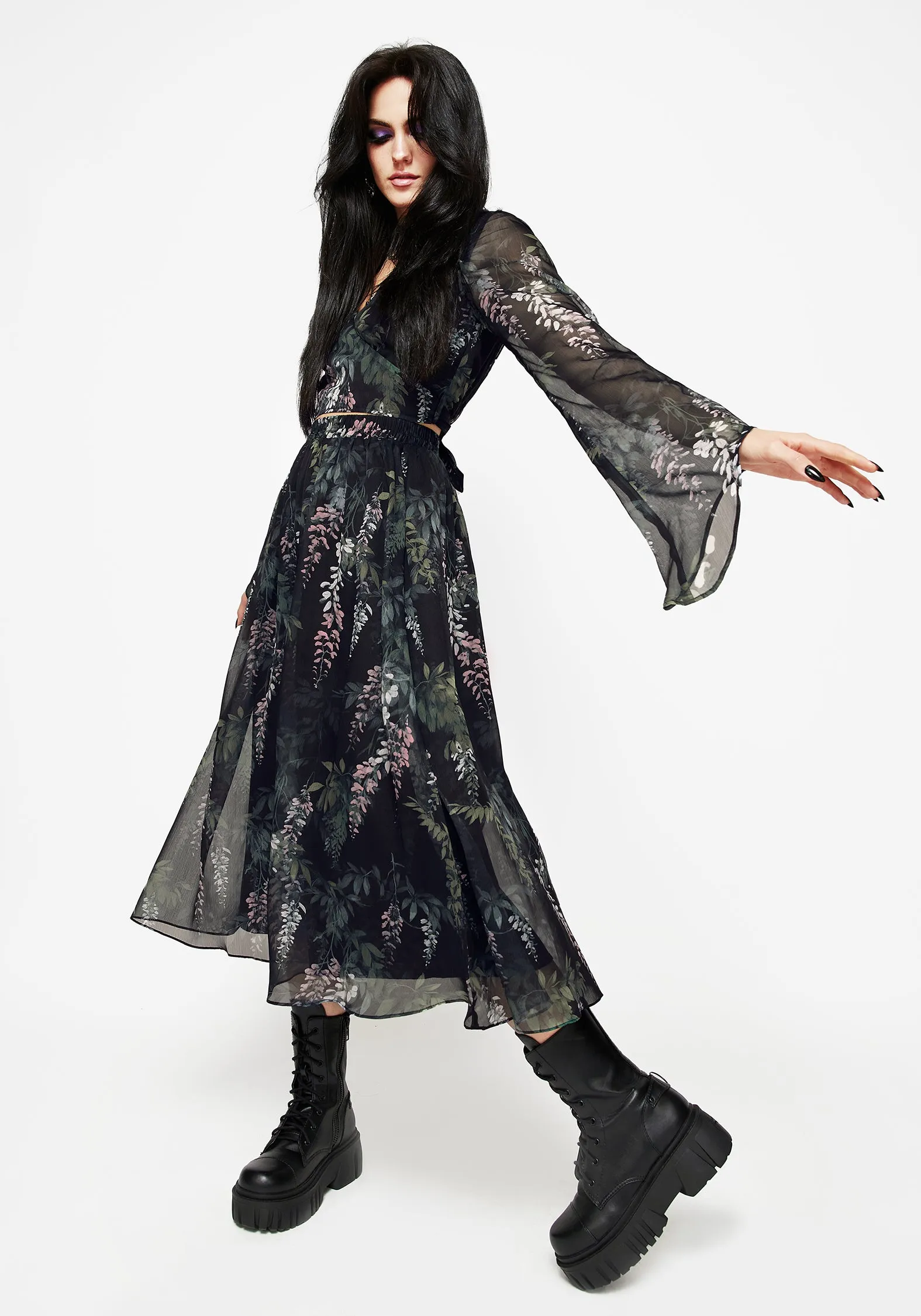 Tonal Look Stylish Choice Wisteria Floral Print Chiffon Midi Skirt