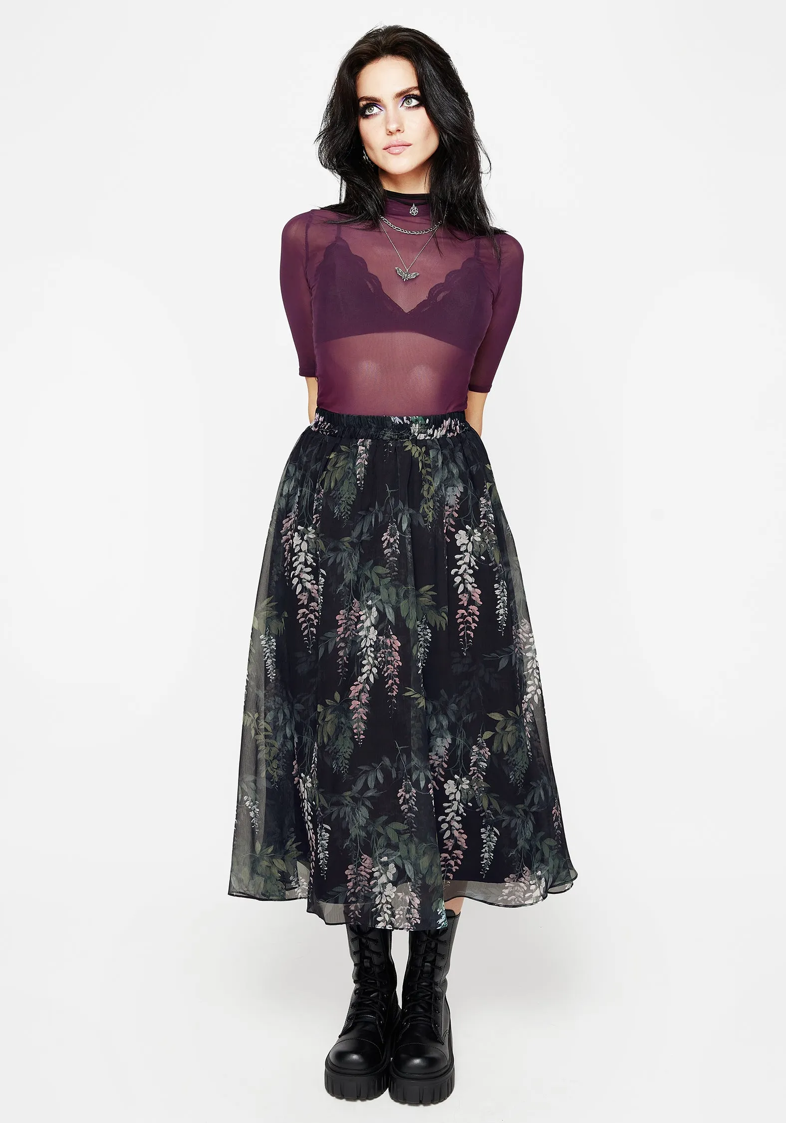Wisteria Floral Print Chiffon Midi Skirt Tonal Layering Refined Finish