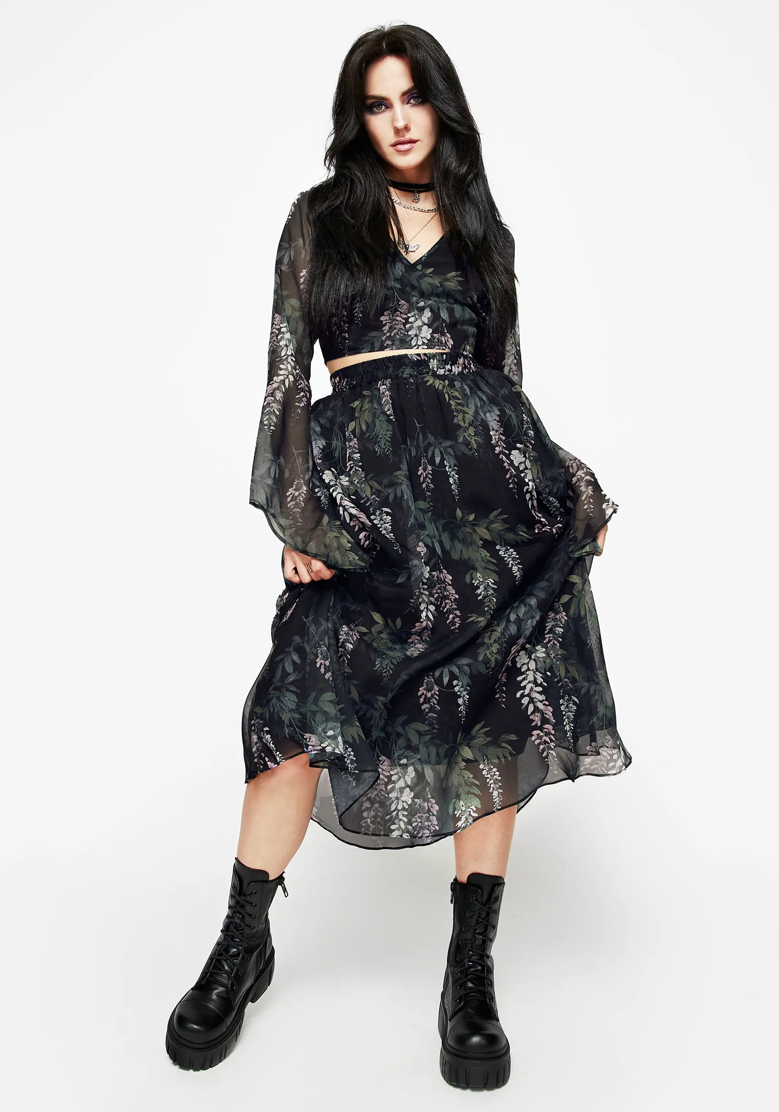 Soft Texture Heat Dissipating Fabric Wisteria Floral Print Chiffon Midi Skirt