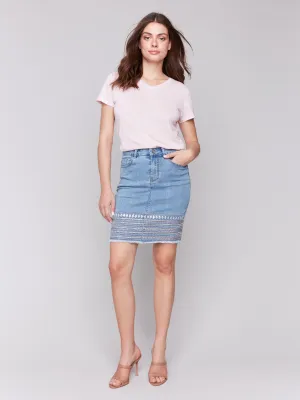 Limited Release Layered Look Embroidered Hem Denim Skort - Light Blue