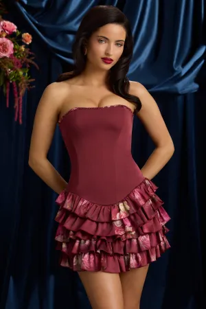 Strapless Ruffled Tiered Corset Mini Dress in Maroon Floral Print Stylish short-sleeve mini Street Spice