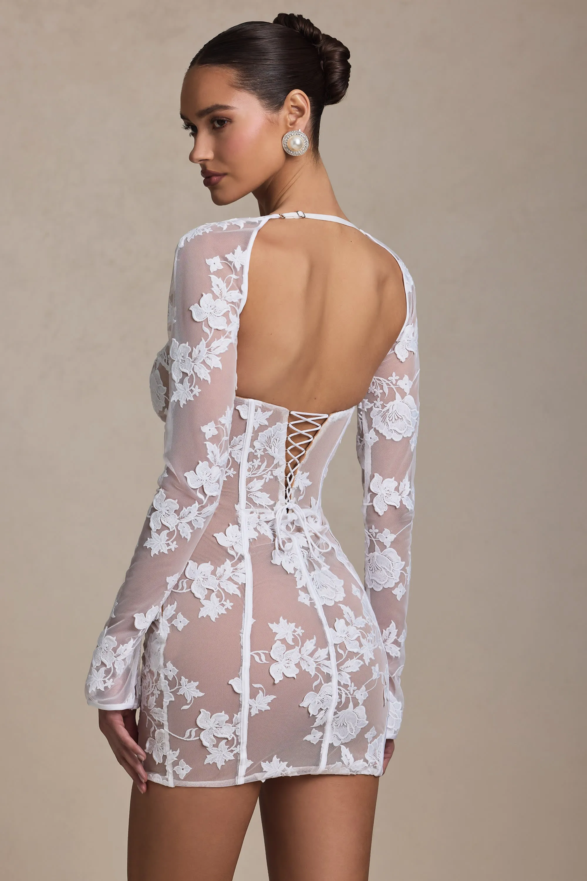 Floral Pattern Layer Free Lace-Detail Corset Mini Dress in White